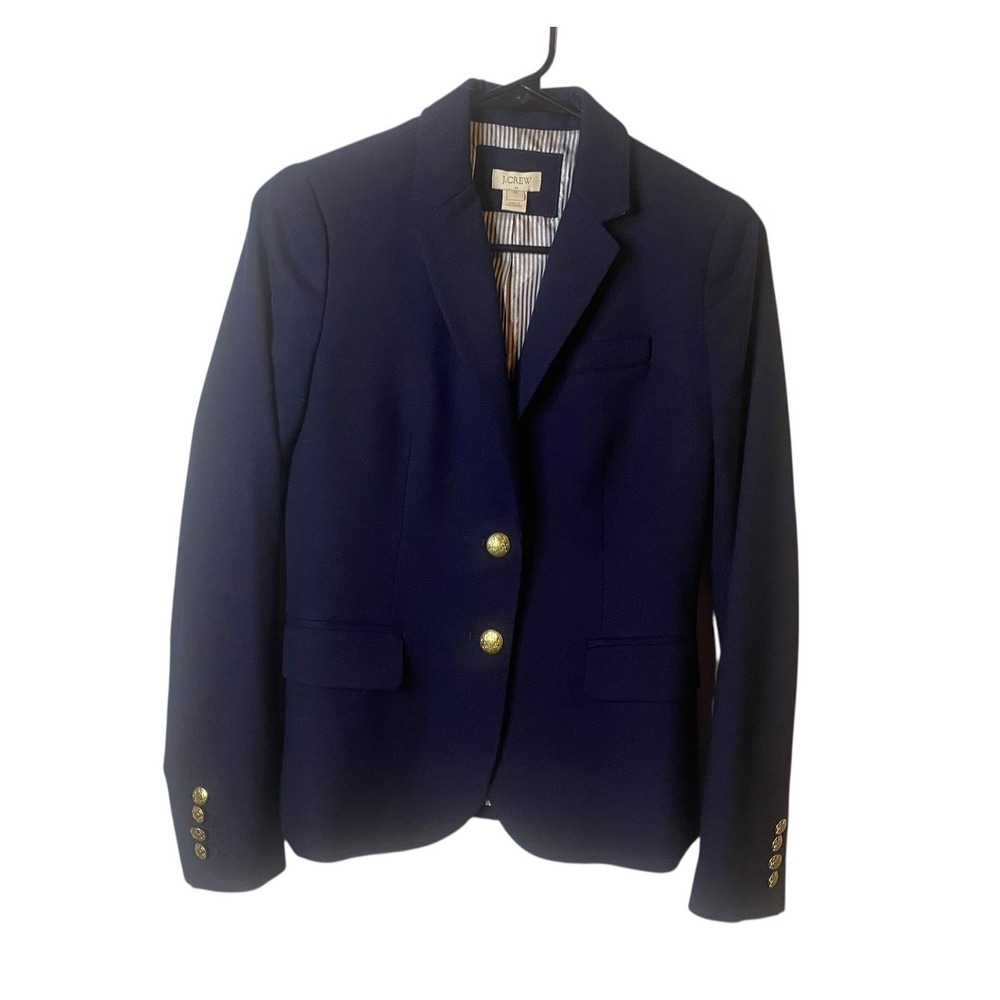 J Crew Navy Blazer Gold Button Pinstripe Lined Wool blend Women's Size 00 Office